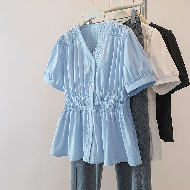 Korean Lifestyle - เสื้อเชิ้ตและเสื้อเบลาส์สำหรับสาวออฟฟิศไซส์ใหญ่ 200 ปอนด์ขึ้นไป เสื้อท่อนบนสีพื้น เสื้อผ้าผู้หญิง สไตล์ฝรั่งเศสเก๋ไก๋แบบเกาหลี