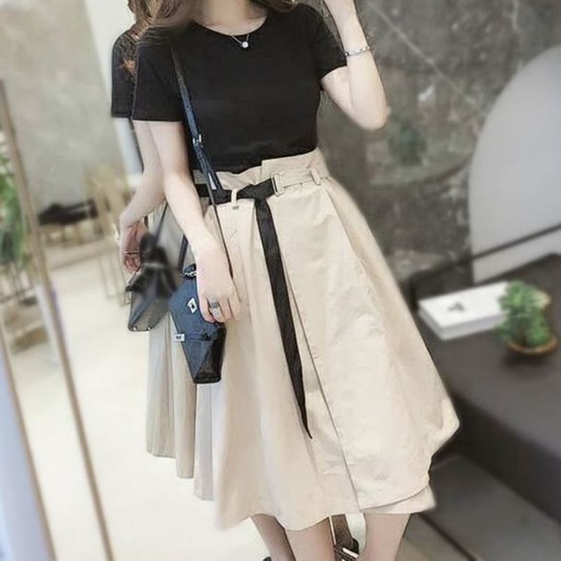 Korean Lifestyle - ชุดสูทสตรีทไฮสตรีทแฟชั่นฤดูร้อนใหม่เสื้อยืดเข้ารูปแขนแขนสั้นคอกลมสีทึบกระโปรงทรงเอไลน์สำหรับผู้หญิง