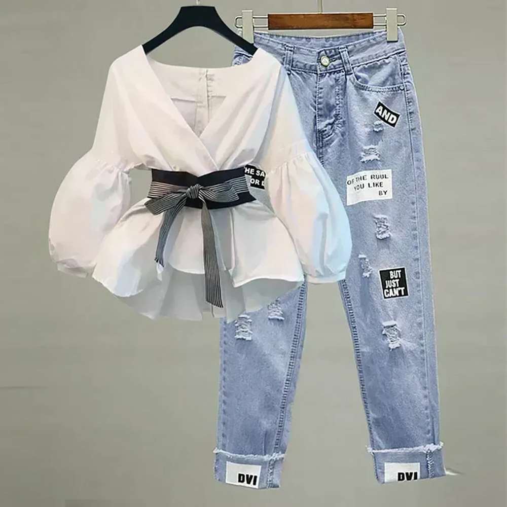 Korean Lifestyle - ผู้หญิงElegant Vคอลายโคมไฟแขนโบว์เข็มขัดแนวโน้มSlimเสื้อชีฟองด้านบนและเกาหลีRippedกางเกงยีนส์Office Ladyชุดลําลอง