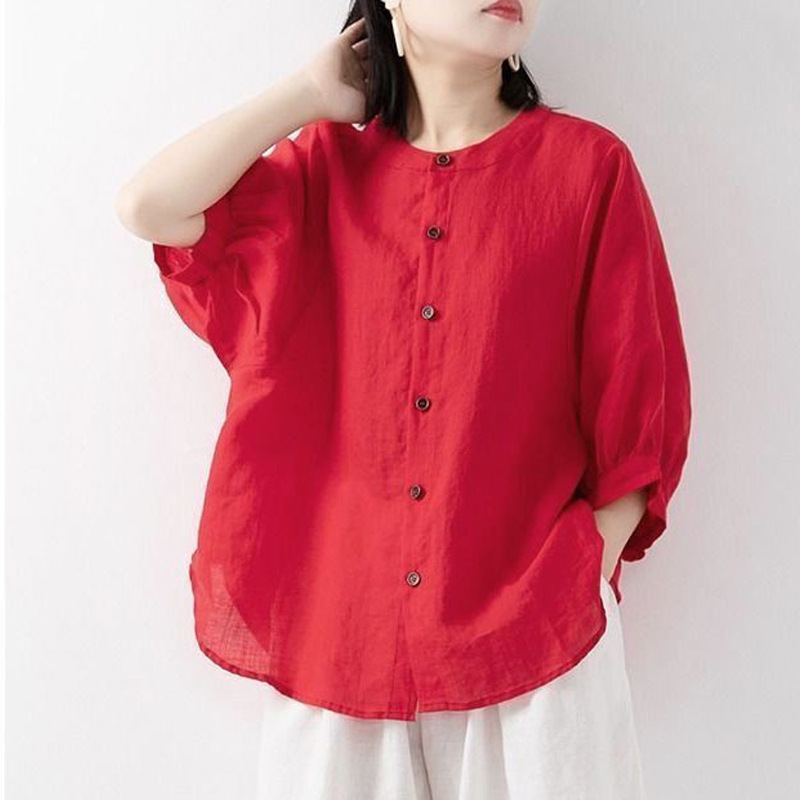 Korean Lifestyle - เสื้อเชิ้ตผ้าฝ้ายและผ้าลินินสำหรับผู้หญิง ฤดูใบไม้ผลิและฤดูร้อน แขนทรงโคม สีพื้น เรียบง่าย คอตั้ง