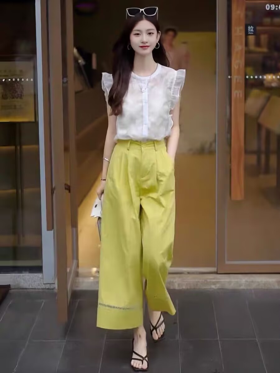 Korean Lifestyle - ใหม่เกาหลีแฟชั่นฤดูร้อนผู้หญิง 2 ชิ้นชุด O-คอเสื้อแขนกุดด้านบน + ข้อเท้า-ความยาวกางเกงขากว้าง