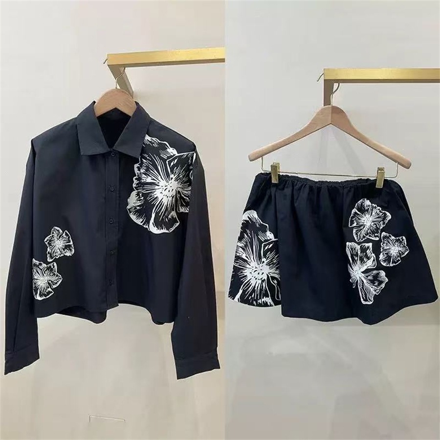 Korean Lifestyle - เสื้อเชิ้ตพิมพ์ลายดอกไม้สีขาวแสนโรแมนติกและชุดกระโปรงสั้นฤดูใบไม้ผลิฤดูร้อนผ้าฝ้ายแขนยาวคอปกสไตล์เกาหลีลำลอง F